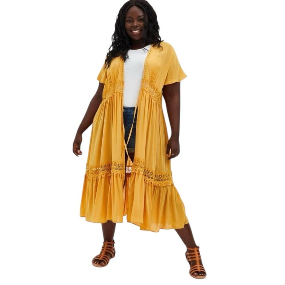 Torrid Bright Gold Tie Front Duster Length Kimono Size 1X